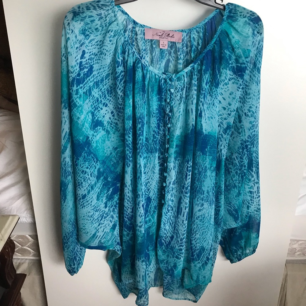 Nicole Richie‎ teal blue and white sheer blouse